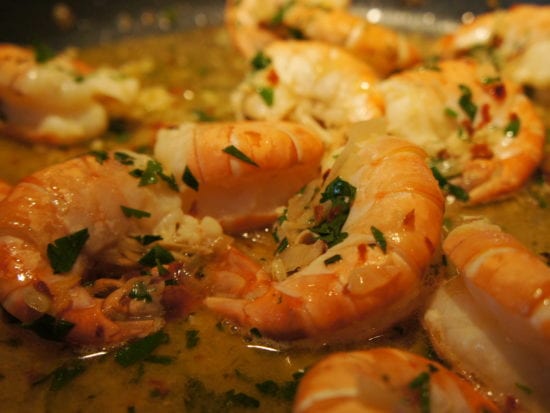 Grandma's frozen pasta prepared into shrimp scampi cooking